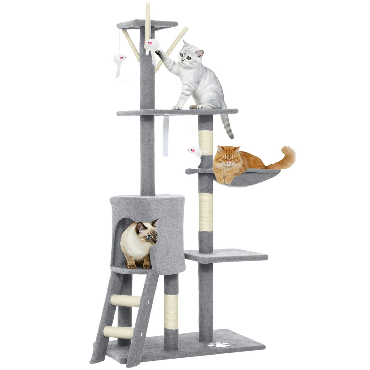 134cm Cat Tree for Indoor Cats with Hammock, Plush Perch & Sisal Scratching Posts for Kittens & Adult Cats (Light Grey)-2050057517026906112