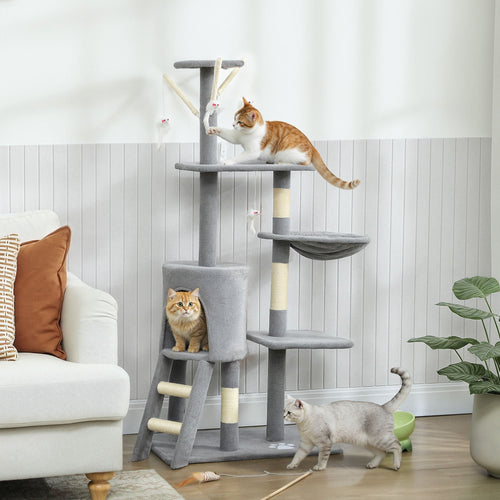 134cm Cat Tree for Indoor Cats with Hammock, Plush Perch & Sisal Scratching Posts for Kittens & Adult Cats (Light Grey)-2050057517026906113