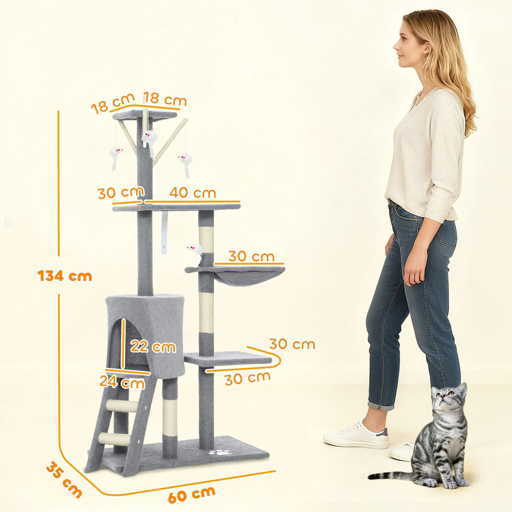 134cm Cat Tree for Indoor Cats with Hammock, Plush Perch & Sisal Scratching Posts for Kittens & Adult Cats (Light Grey)-2050057517026906114
