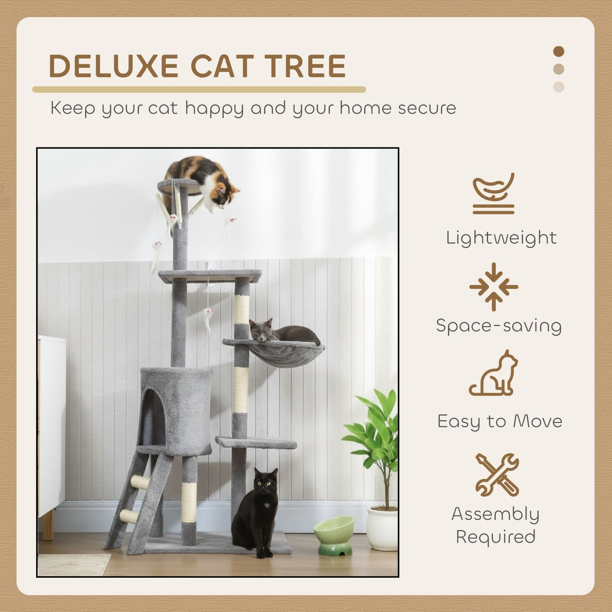 134cm Cat Tree for Indoor Cats with Hammock, Plush Perch & Sisal Scratching Posts for Kittens & Adult Cats (Light Grey)-2050057517026906115