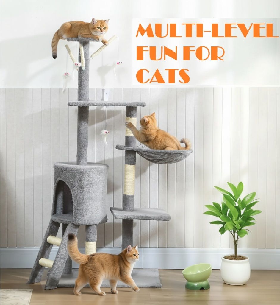 134cm Cat Tree for Indoor Cats with Hammock, Plush Perch & Sisal Scratching Posts for Kittens & Adult Cats (Light Grey)-2050057517026906116