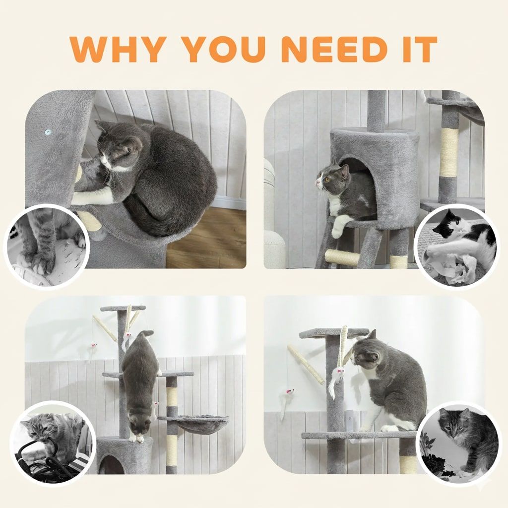 134cm Cat Tree for Indoor Cats with Hammock, Plush Perch & Sisal Scratching Posts for Kittens & Adult Cats (Light Grey)-2050057517026906117