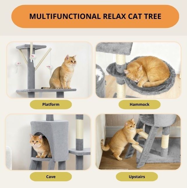 134cm Cat Tree for Indoor Cats with Hammock, Plush Perch & Sisal Scratching Posts for Kittens & Adult Cats (Light Grey)-2050057517026906118