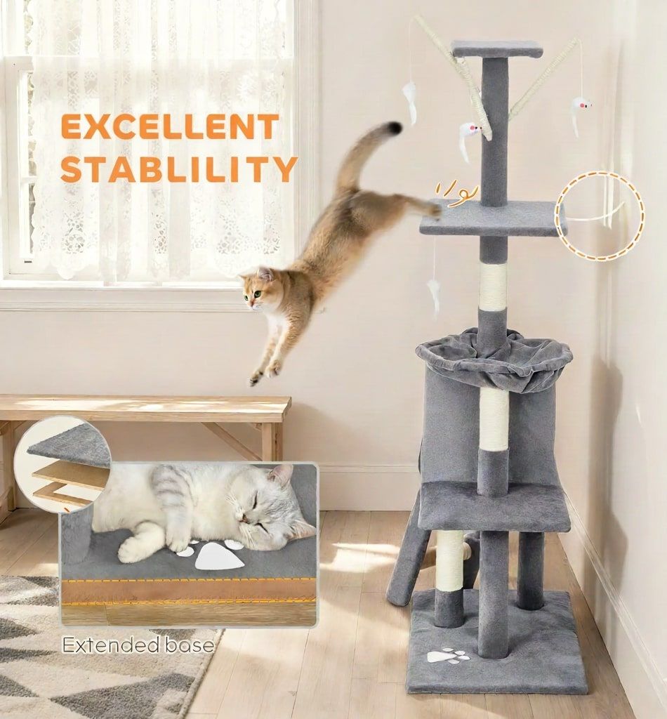134cm Cat Tree for Indoor Cats with Hammock, Plush Perch & Sisal Scratching Posts for Kittens & Adult Cats (Light Grey)-2050057517026906119