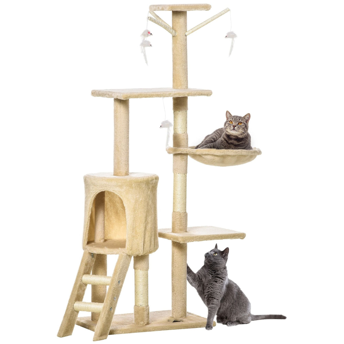 134cm Cat Tree for Indoor Cats with Hammock, Plush Perch & Sisal Scratching Posts for Kittens & Adult Cats (Beige)-2050057517232427017