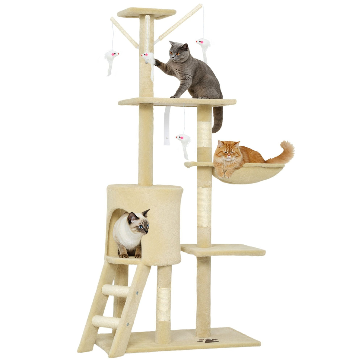 134cm Cat Tree for Indoor Cats with Hammock, Plush Perch & Sisal Scratching Posts for Kittens & Adult Cats (Beige)-2050057517232427008