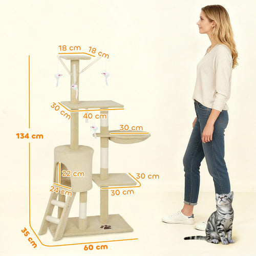 134cm Cat Tree for Indoor Cats with Hammock, Plush Perch & Sisal Scratching Posts for Kittens & Adult Cats (Beige)-2050057517232427010