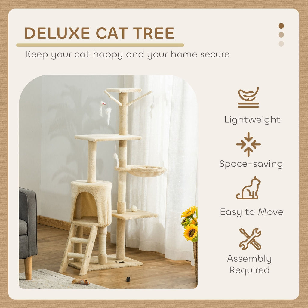 134cm Cat Tree for Indoor Cats with Hammock, Plush Perch & Sisal Scratching Posts for Kittens & Adult Cats (Beige)-2050057517232427011