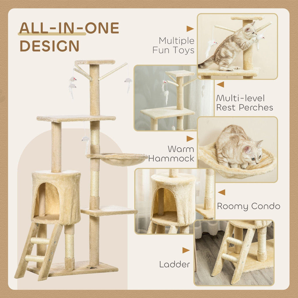 134cm Cat Tree for Indoor Cats with Hammock, Plush Perch & Sisal Scratching Posts for Kittens & Adult Cats (Beige)-2050057517232427014