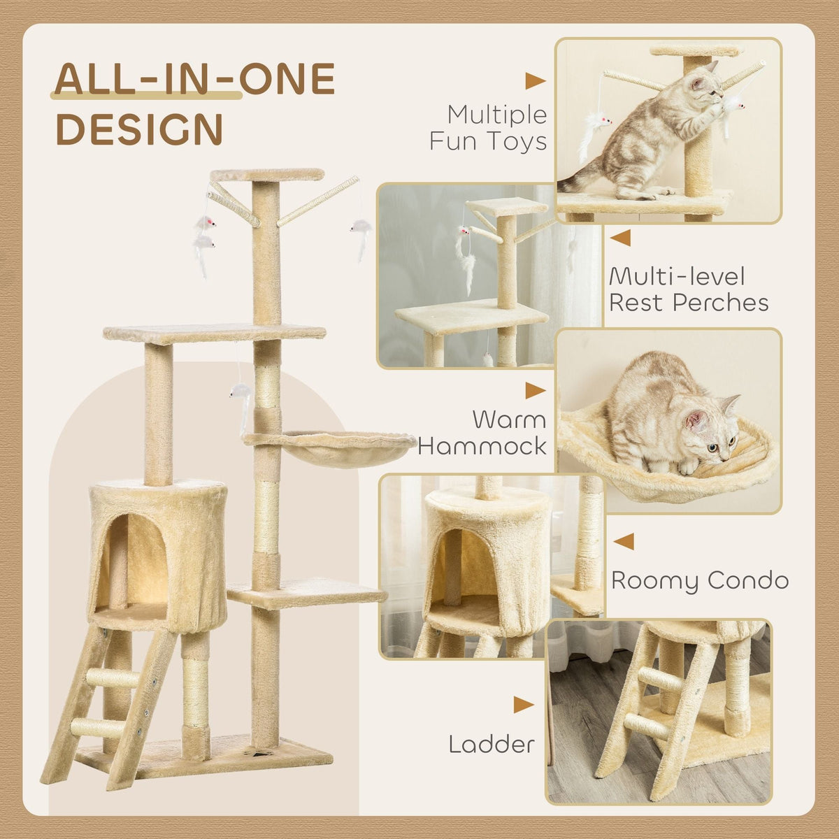 134cm Cat Tree for Indoor Cats with Hammock, Plush Perch & Sisal Scratching Posts for Kittens & Adult Cats (Beige)-2050057517232427014