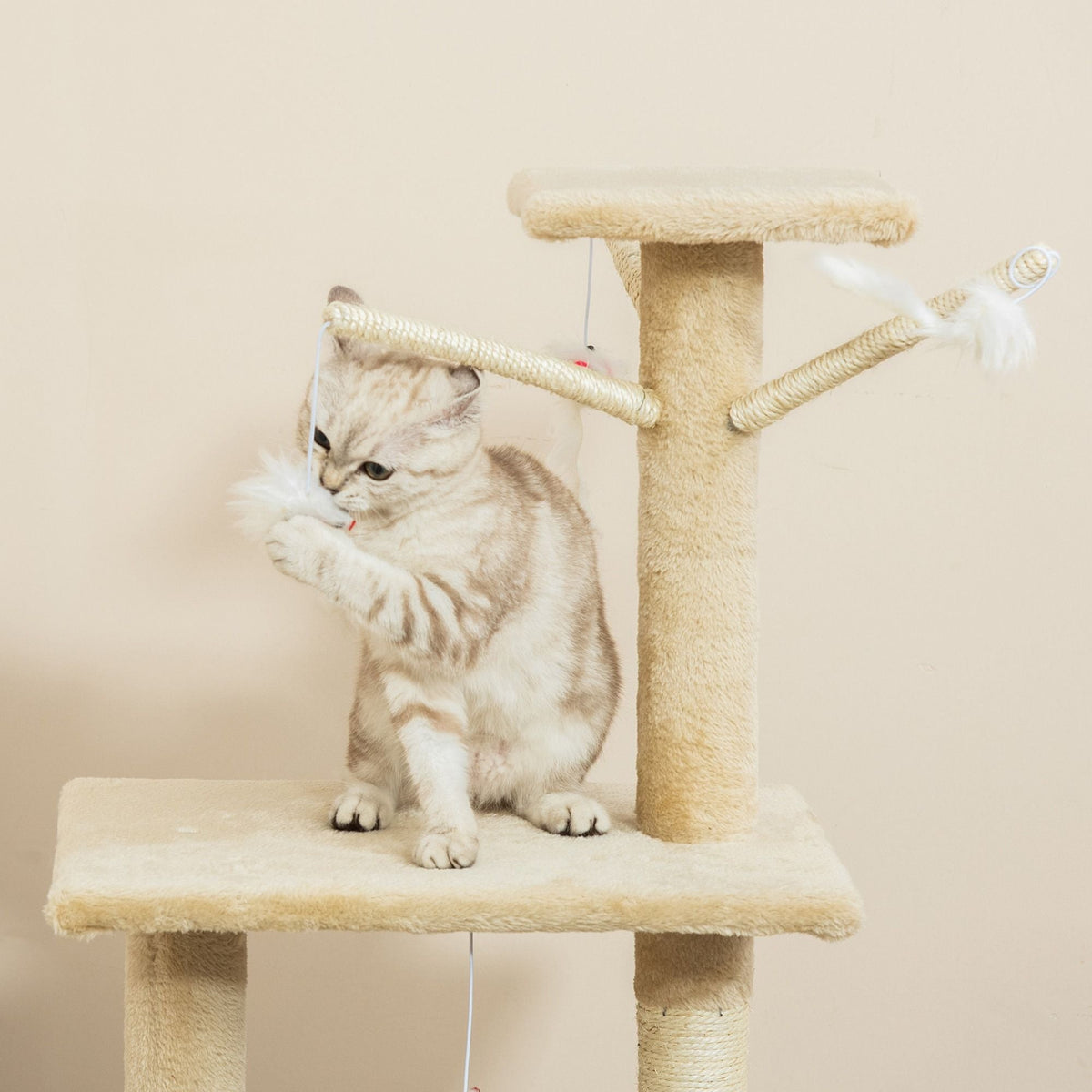 134cm Cat Tree for Indoor Cats with Hammock, Plush Perch & Sisal Scratching Posts for Kittens & Adult Cats (Beige)-2050057517232427015
