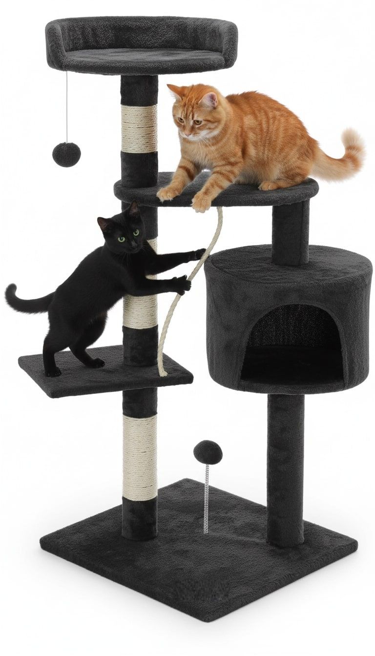 140cm Cat Tree for Indoor Cats with Plush Perch, Sisal Scratching Posts & Condo for Kittens & Adult Cats (Dark Grey)-2050057517471502336
