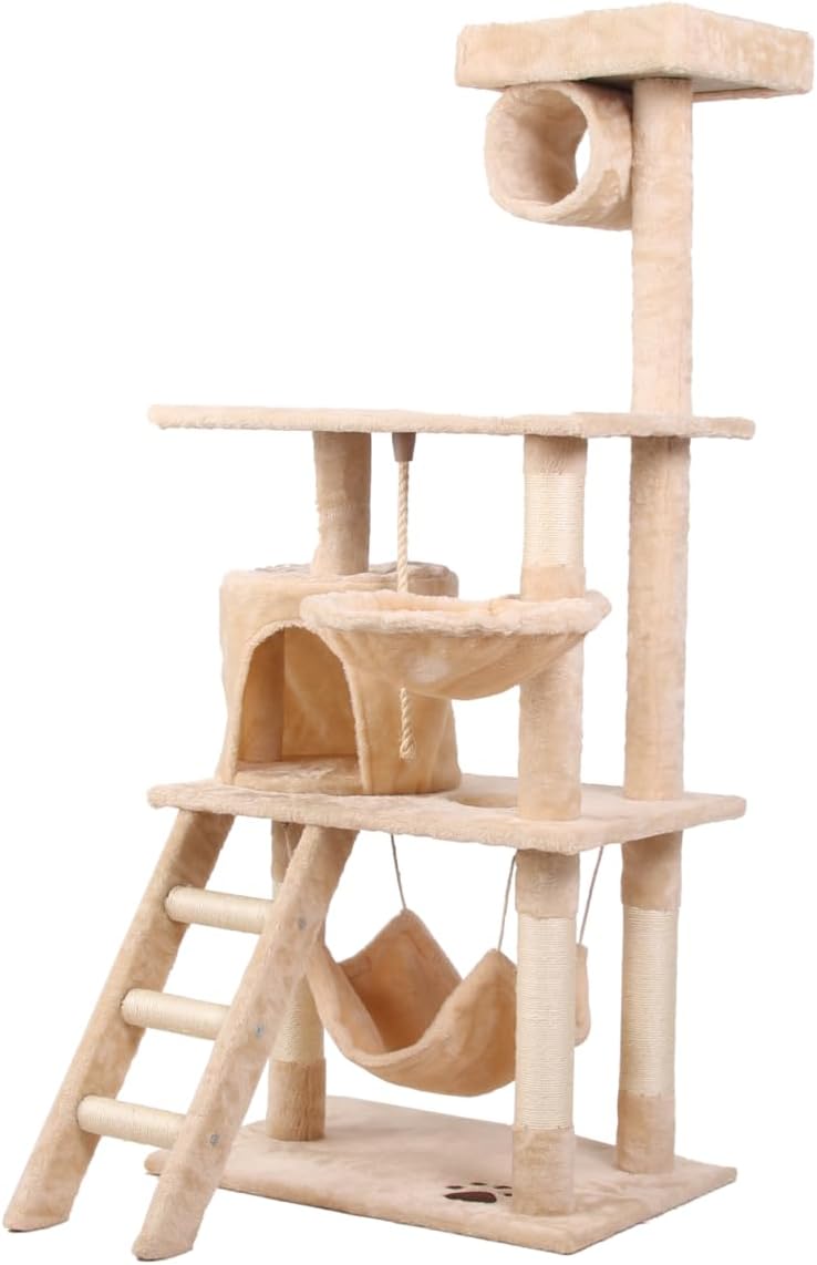 141cm Cat Tree Tower for Indoor Cats with Plush Perch, Ladder, Sisal Scratching Posts, Hammock & Condo for Kittens & Adult Cats (Beige)-2050057517890932745