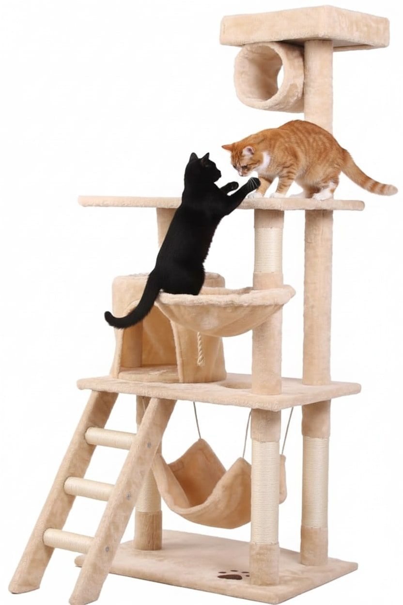 141cm Cat Tree Tower for Indoor Cats with Plush Perch, Ladder, Sisal Scratching Posts, Hammock & Condo for Kittens & Adult Cats (Beige)-2050057517890932736