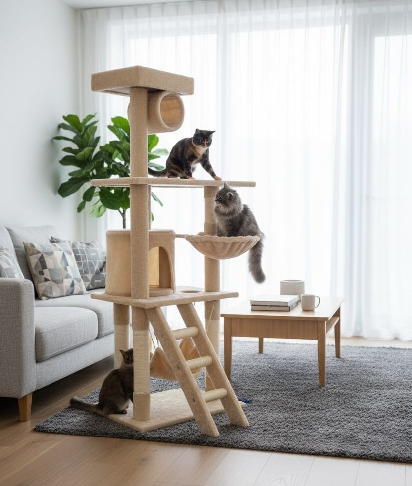 141cm Cat Tree Tower for Indoor Cats with Plush Perch, Ladder, Sisal Scratching Posts, Hammock & Condo for Kittens & Adult Cats (Beige)-2050057517890932737