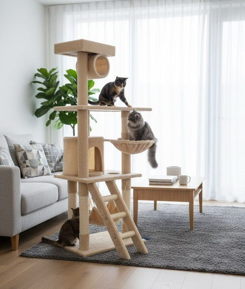 141cm Cat Tree Tower for Indoor Cats with Plush Perch, Ladder, Sisal Scratching Posts, Hammock & Condo for Kittens & Adult Cats (Beige)-2050057517890932737