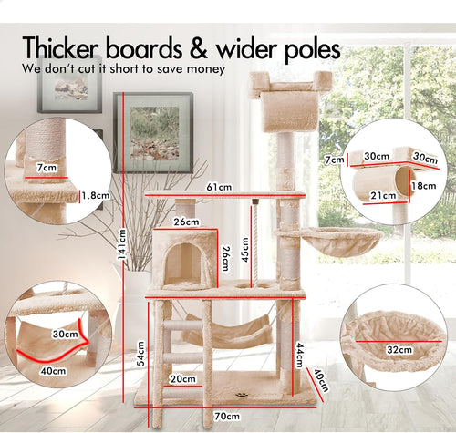 141cm Cat Tree Tower for Indoor Cats with Plush Perch, Ladder, Sisal Scratching Posts, Hammock & Condo for Kittens & Adult Cats (Beige)-2050057517890932738