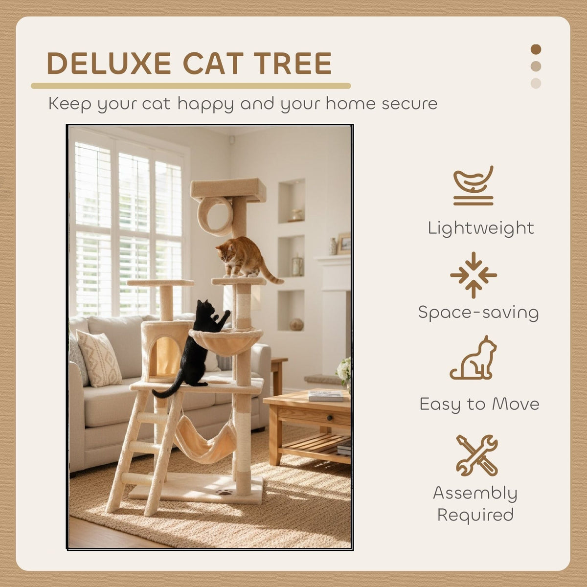 141cm Cat Tree Tower for Indoor Cats with Plush Perch, Ladder, Sisal Scratching Posts, Hammock & Condo for Kittens & Adult Cats (Beige)-2050057517890932739