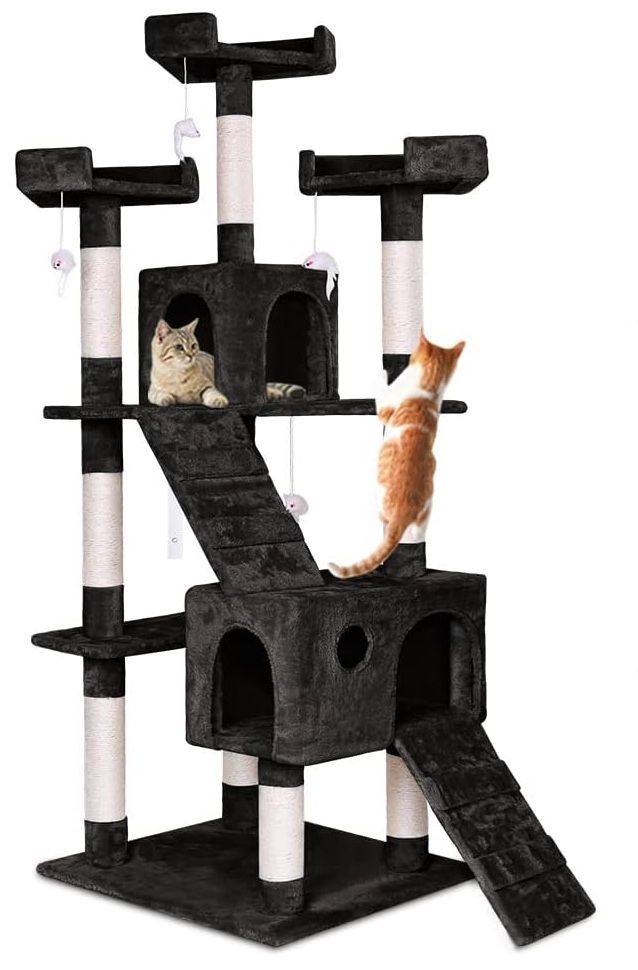180cm Cat Tree Tower for Indoor Cats with Dual Condos, Plush Perches, Sisal Scratching Posts & Ramps for Kittens & Adult Cats (Black)-2050057518109036544