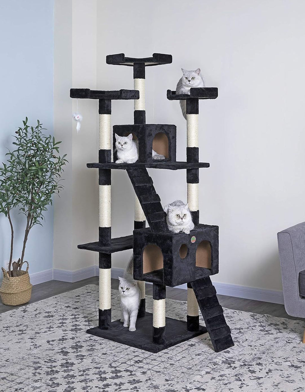 180cm Cat Tree Tower for Indoor Cats with Dual Condos, Plush Perches, Sisal Scratching Posts & Ramps for Kittens & Adult Cats (Black)-2050057518109036545