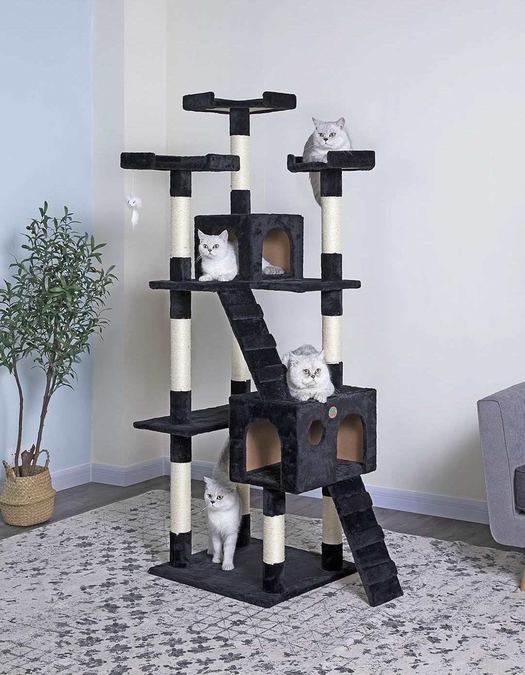 180cm Cat Tree Tower for Indoor Cats with Dual Condos, Plush Perches, Sisal Scratching Posts & Ramps for Kittens & Adult Cats (Black)-2050057518109036545