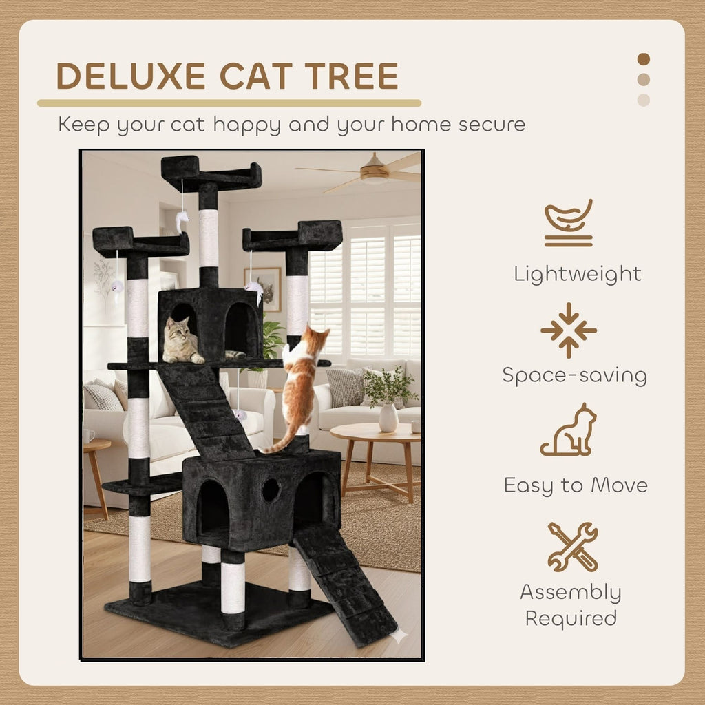 180cm Cat Tree Tower for Indoor Cats with Dual Condos, Plush Perches, Sisal Scratching Posts & Ramps for Kittens & Adult Cats (Black)-2050057518109036547