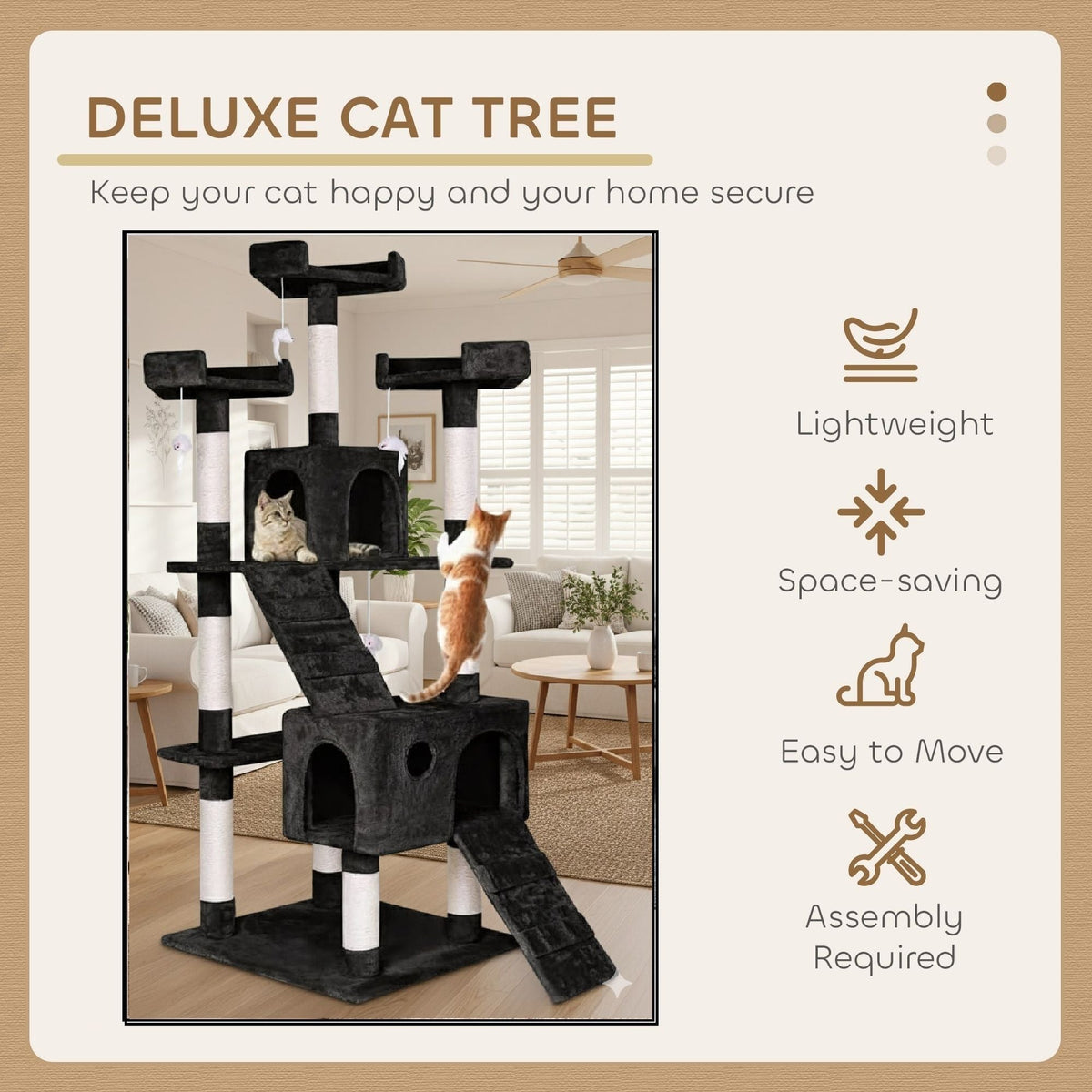 180cm Cat Tree Tower for Indoor Cats with Dual Condos, Plush Perches, Sisal Scratching Posts & Ramps for Kittens & Adult Cats (Black)-2050057518109036547