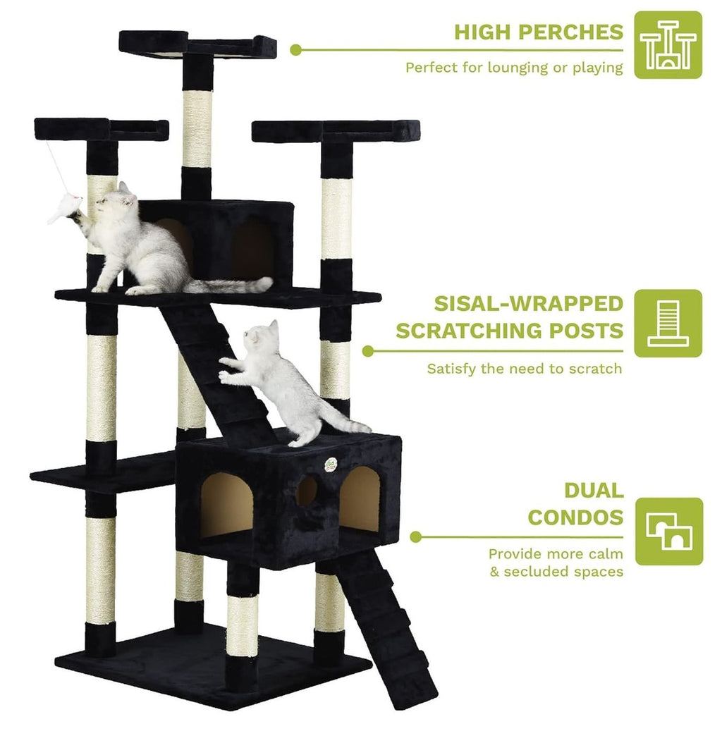 180cm Cat Tree Tower for Indoor Cats with Dual Condos, Plush Perches, Sisal Scratching Posts & Ramps for Kittens & Adult Cats (Black)-2050057518109036548