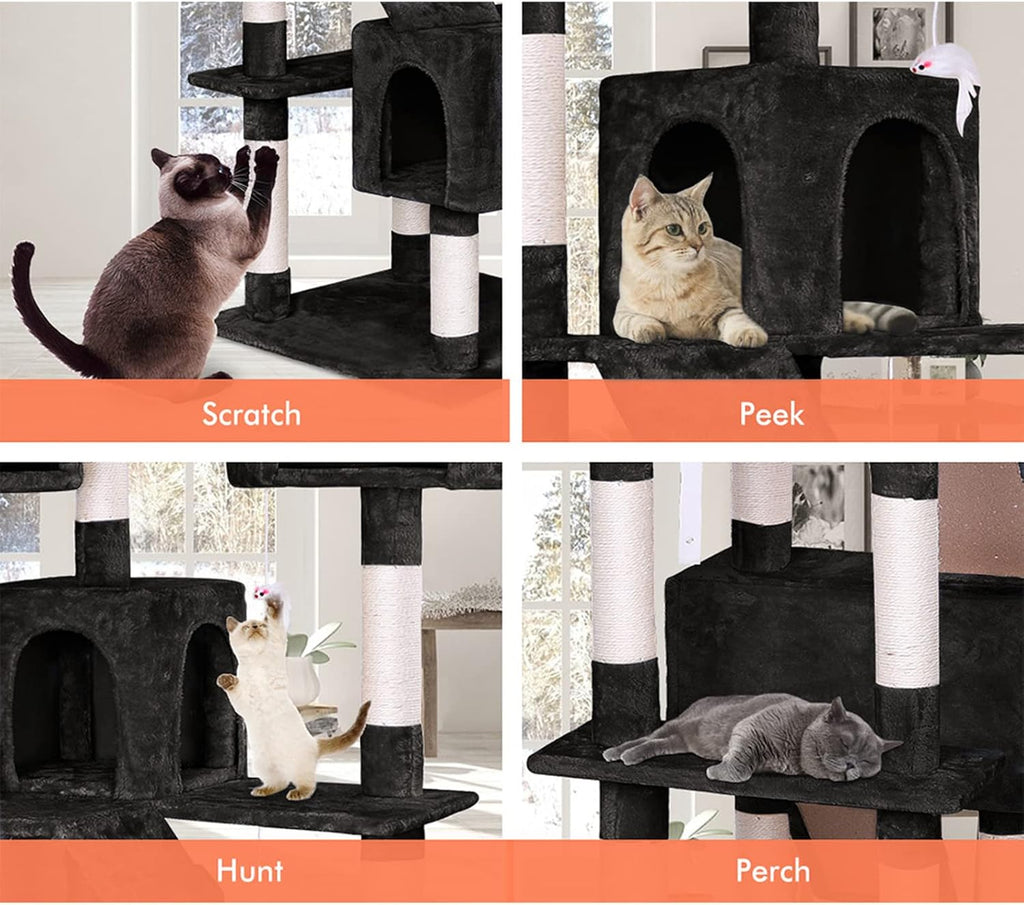180cm Cat Tree Tower for Indoor Cats with Dual Condos, Plush Perches, Sisal Scratching Posts & Ramps for Kittens & Adult Cats (Black)-2050057518109036549