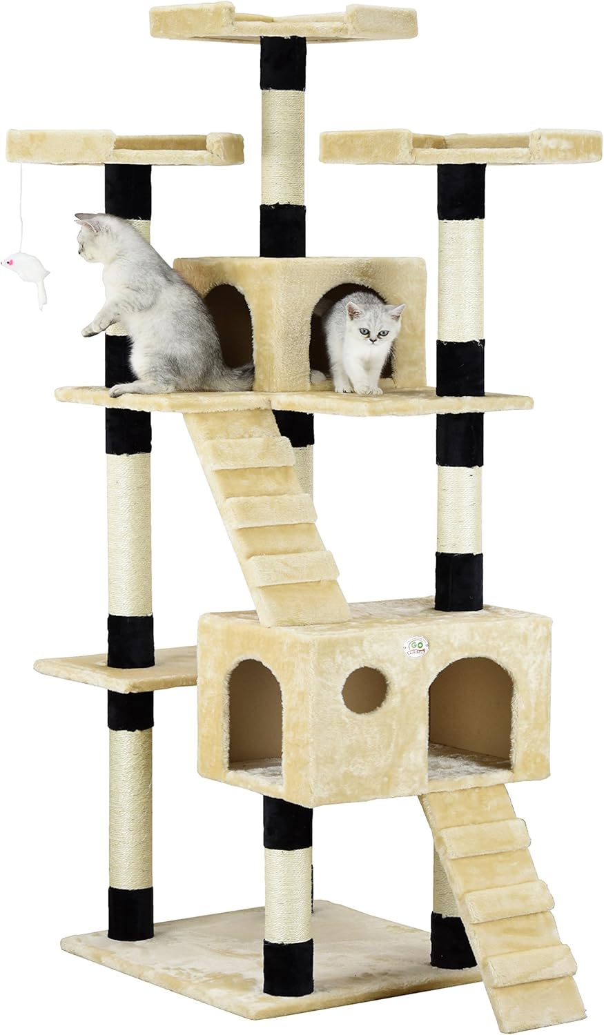 180cm Cat Tree Tower for Indoor Cats with Dual Condos, Plush Perches, Sisal Scratching Posts & Ramps for Kittens & Adult Cats (Beige)-2050057518314557440