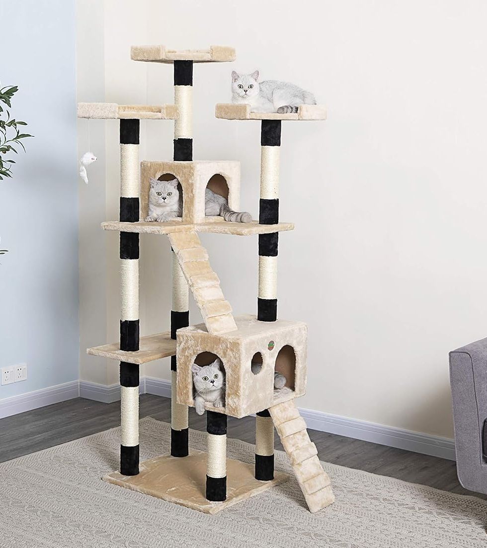 180cm Cat Tree Tower for Indoor Cats with Dual Condos, Plush Perches, Sisal Scratching Posts & Ramps for Kittens & Adult Cats (Beige)-2050057518314557441