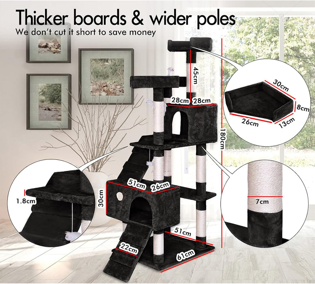 180cm Cat Tree Tower for Indoor Cats with Dual Condos, Plush Perches, Sisal Scratching Posts & Ramps for Kittens & Adult Cats (Beige)-2050057518314557442