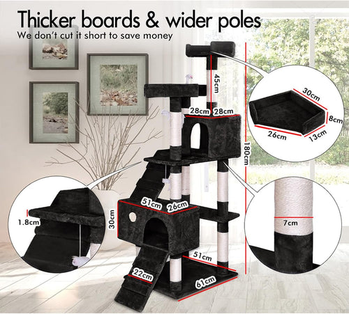 180cm Cat Tree Tower for Indoor Cats with Dual Condos, Plush Perches, Sisal Scratching Posts & Ramps for Kittens & Adult Cats (Beige)-2050057518314557442