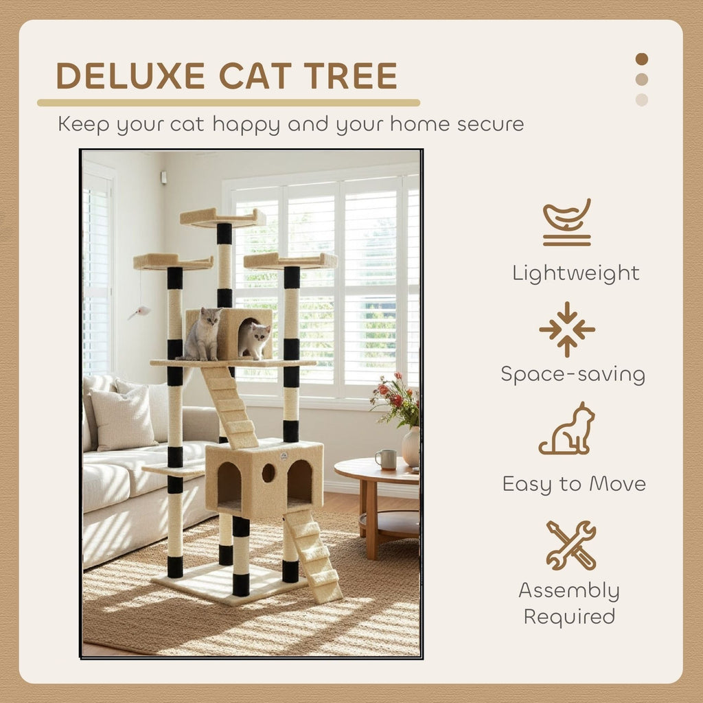 180cm Cat Tree Tower for Indoor Cats with Dual Condos, Plush Perches, Sisal Scratching Posts & Ramps for Kittens & Adult Cats (Beige)-2050057518314557443