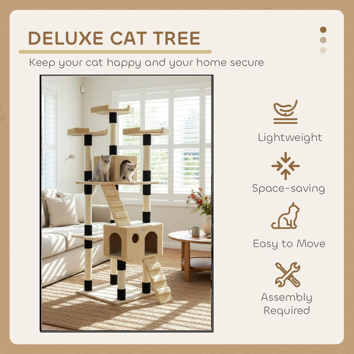 180cm Cat Tree Tower for Indoor Cats with Dual Condos, Plush Perches, Sisal Scratching Posts & Ramps for Kittens & Adult Cats (Beige)-2050057518314557443