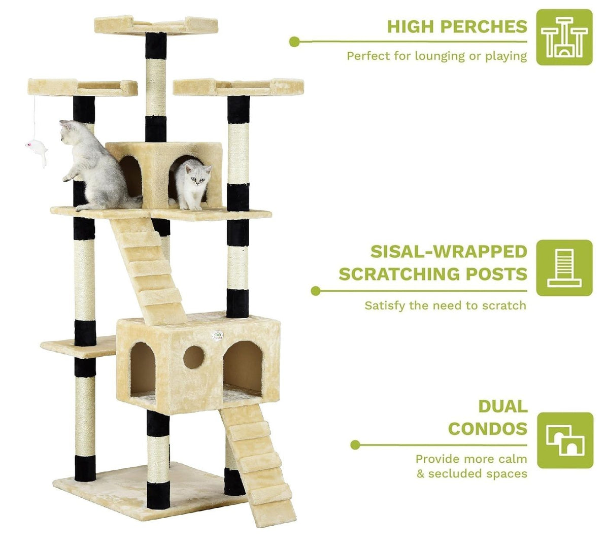 180cm Cat Tree Tower for Indoor Cats with Dual Condos, Plush Perches, Sisal Scratching Posts & Ramps for Kittens & Adult Cats (Beige)-2050057518314557444