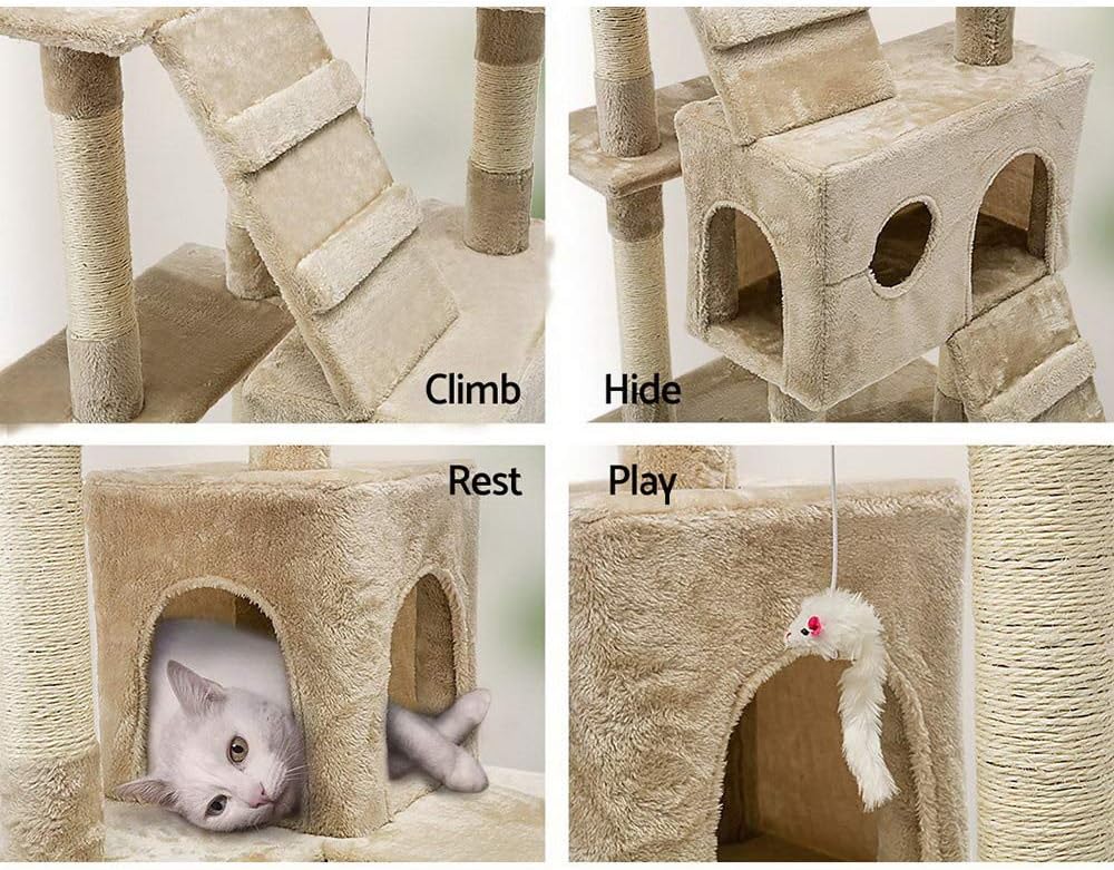 180cm Cat Tree Tower for Indoor Cats with Dual Condos, Plush Perches, Sisal Scratching Posts & Ramps for Kittens & Adult Cats (Beige)-2050057518314557445