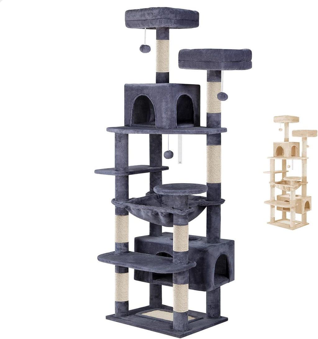 180cm Cat Tree Tower for Indoor Cats with Plush Perches, Dual Condos, Natural Sisal Scratching Posts & Ramps for Kittens & Adult Cats (Grey)-2050057518541049865