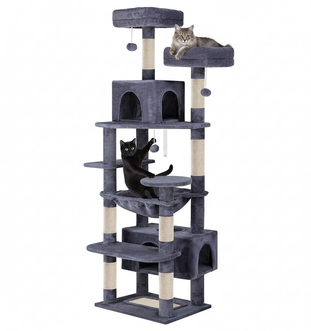 180cm Cat Tree Tower for Indoor Cats with Plush Perches, Dual Condos, Natural Sisal Scratching Posts & Ramps for Kittens & Adult Cats (Grey)-2050057518541049856