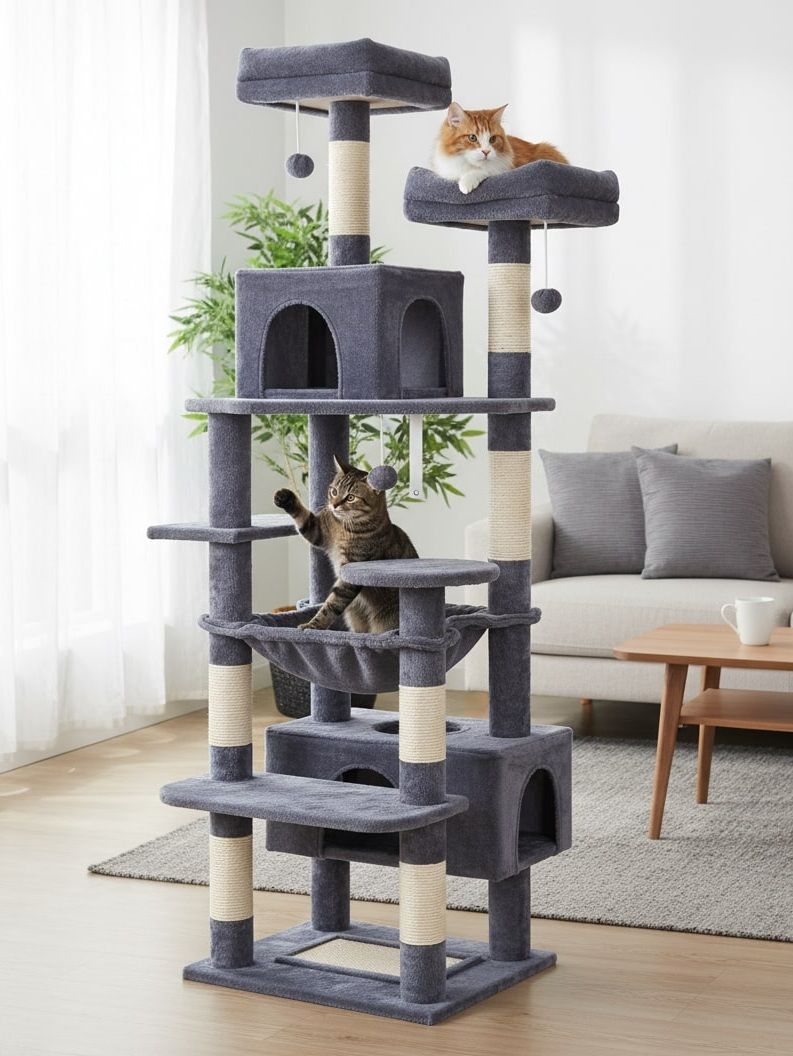 180cm Cat Tree Tower for Indoor Cats with Plush Perches, Dual Condos, Natural Sisal Scratching Posts & Ramps for Kittens & Adult Cats (Grey)-2050057518541049857