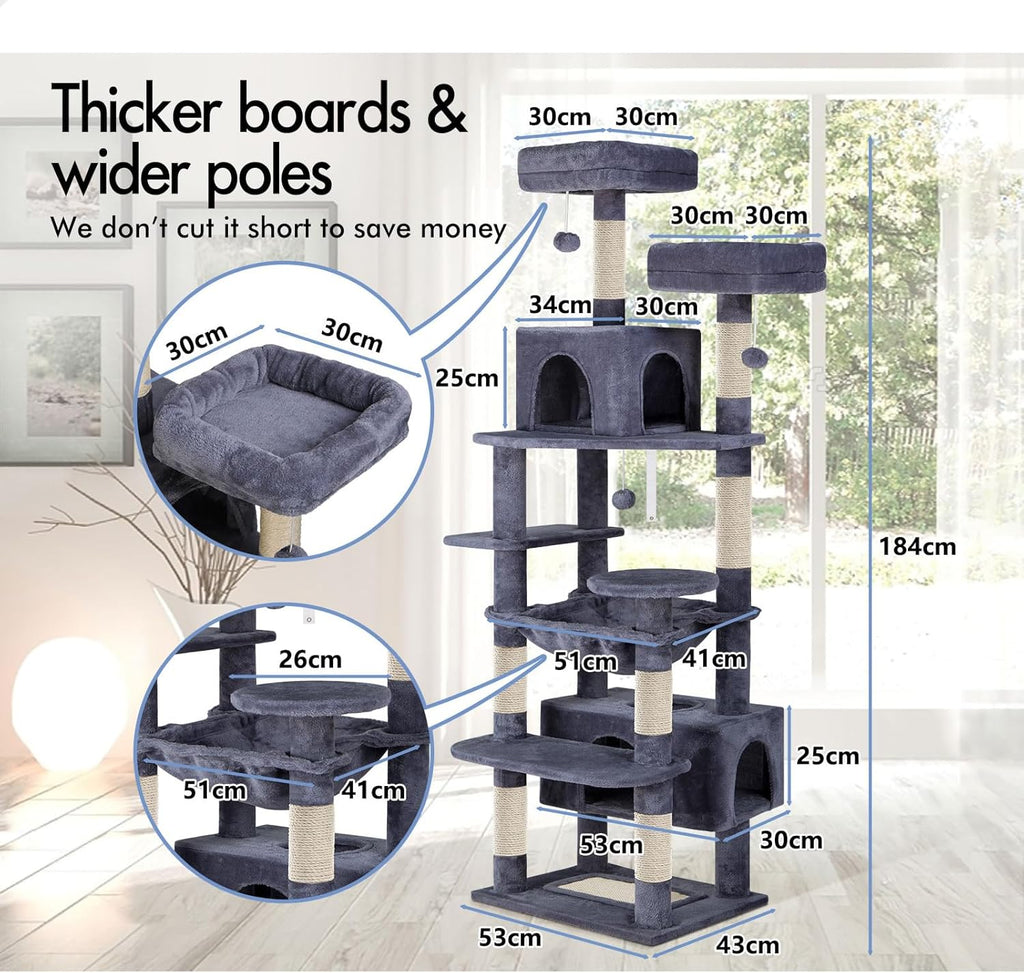 180cm Cat Tree Tower for Indoor Cats with Plush Perches, Dual Condos, Natural Sisal Scratching Posts & Ramps for Kittens & Adult Cats (Grey)-2050057518541049858