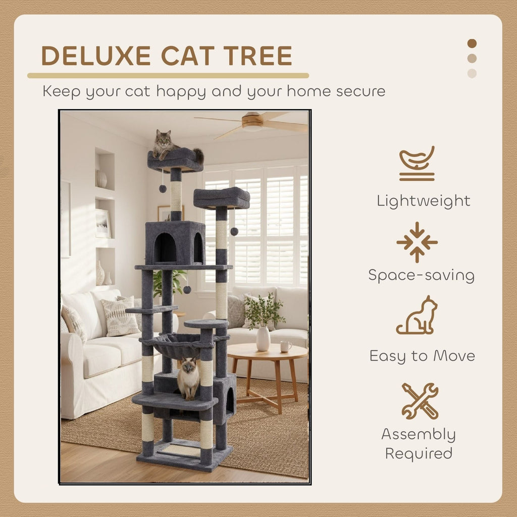 180cm Cat Tree Tower for Indoor Cats with Plush Perches, Dual Condos, Natural Sisal Scratching Posts & Ramps for Kittens & Adult Cats (Grey)-2050057518541049859