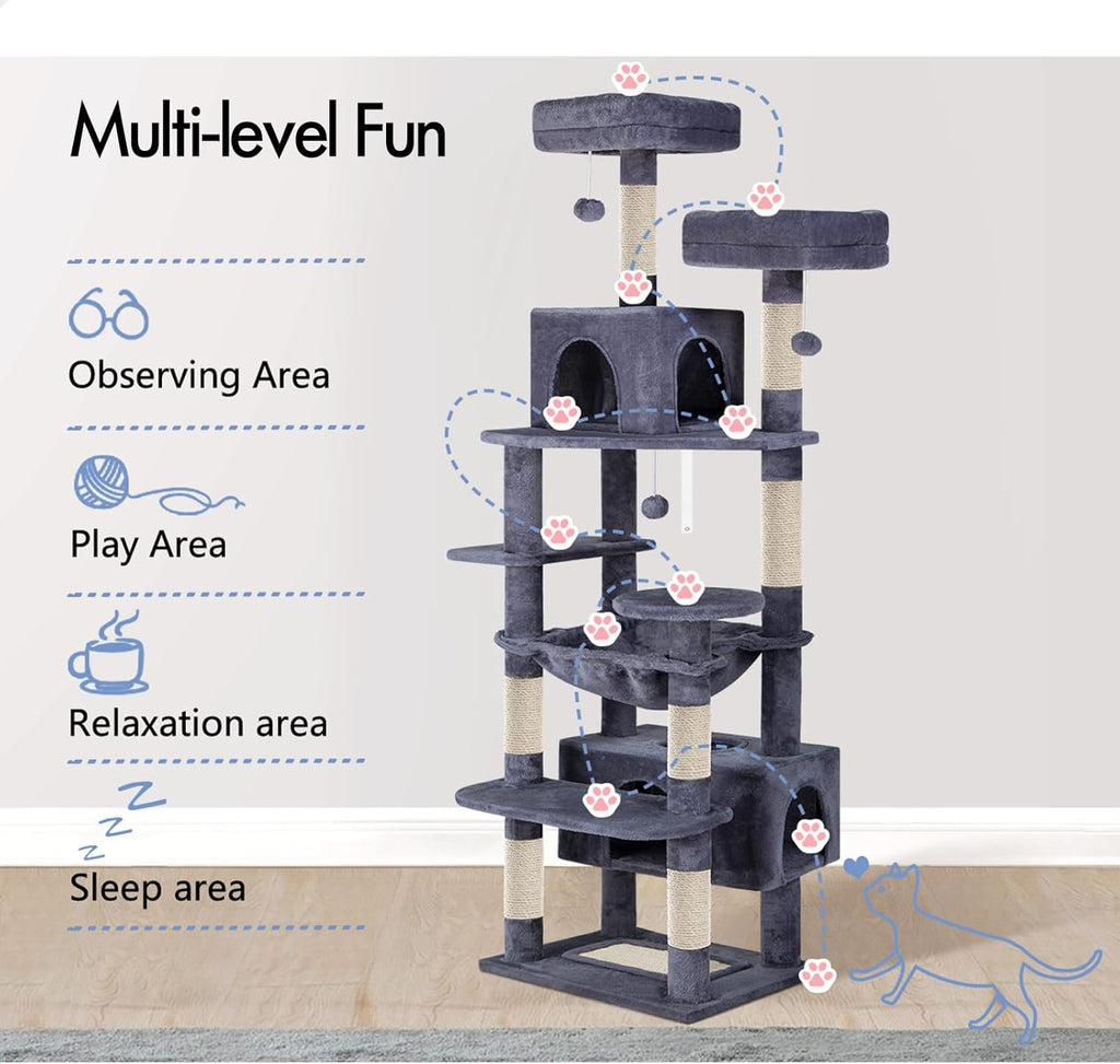 180cm Cat Tree Tower for Indoor Cats with Plush Perches, Dual Condos, Natural Sisal Scratching Posts & Ramps for Kittens & Adult Cats (Grey)-2050057518541049860