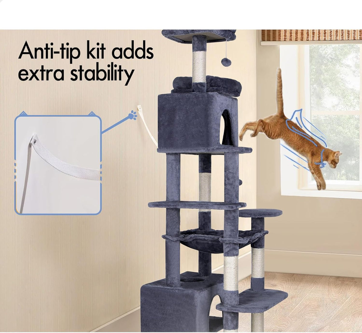 180cm Cat Tree Tower for Indoor Cats with Plush Perches, Dual Condos, Natural Sisal Scratching Posts & Ramps for Kittens & Adult Cats (Grey)-2050057518541049861