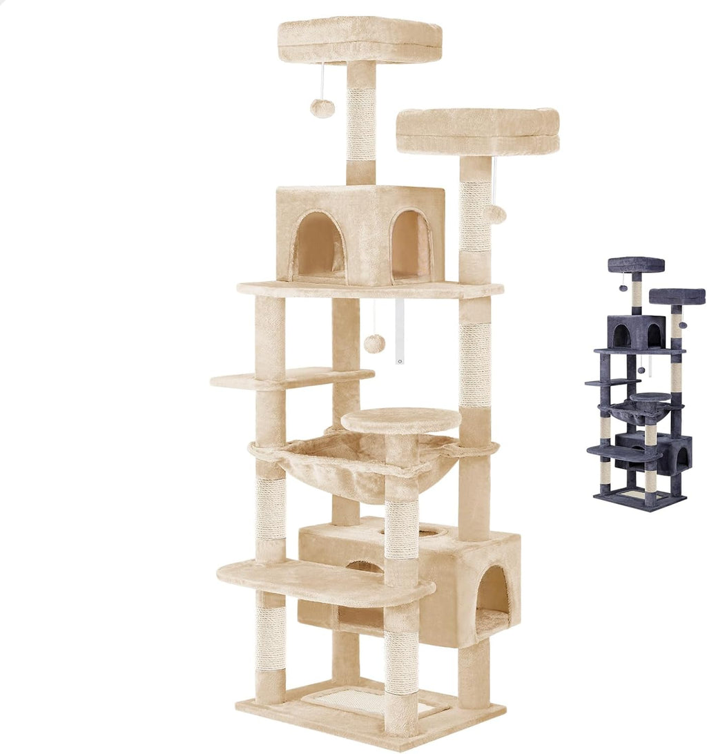 180cm Cat Tree Tower for Indoor Cats with Plush Perches, Dual Condos, Natural Sisal Scratching Posts & Ramps for Kittens & Adult Cats (Beige)-2050057518767542281