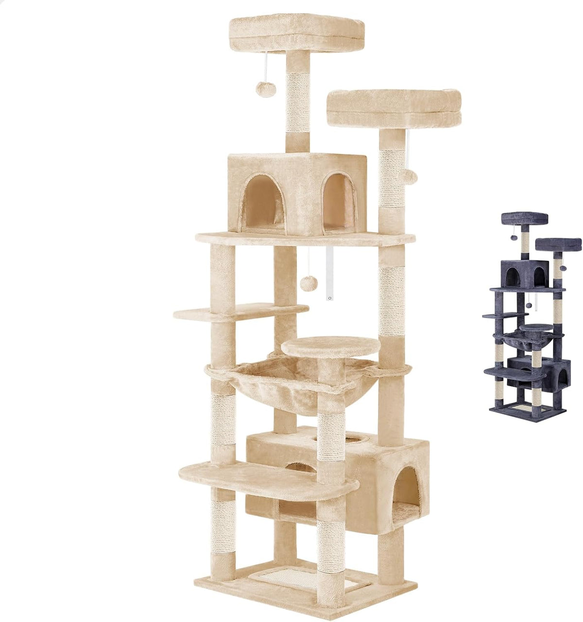 180cm Cat Tree Tower for Indoor Cats with Plush Perches, Dual Condos, Natural Sisal Scratching Posts & Ramps for Kittens & Adult Cats (Beige)-2050057518767542281
