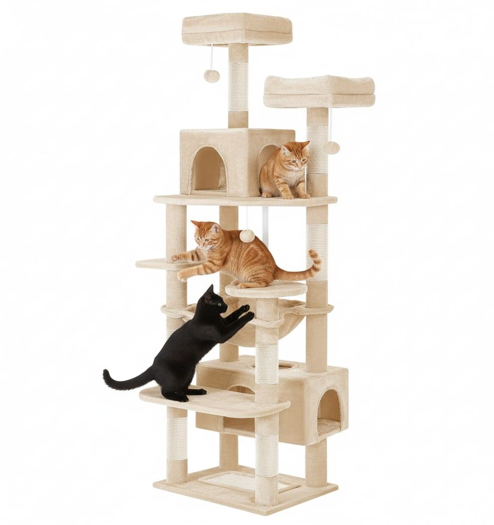 180cm Cat Tree Tower for Indoor Cats with Plush Perches, Dual Condos, Natural Sisal Scratching Posts & Ramps for Kittens & Adult Cats (Beige)-2050057518767542272