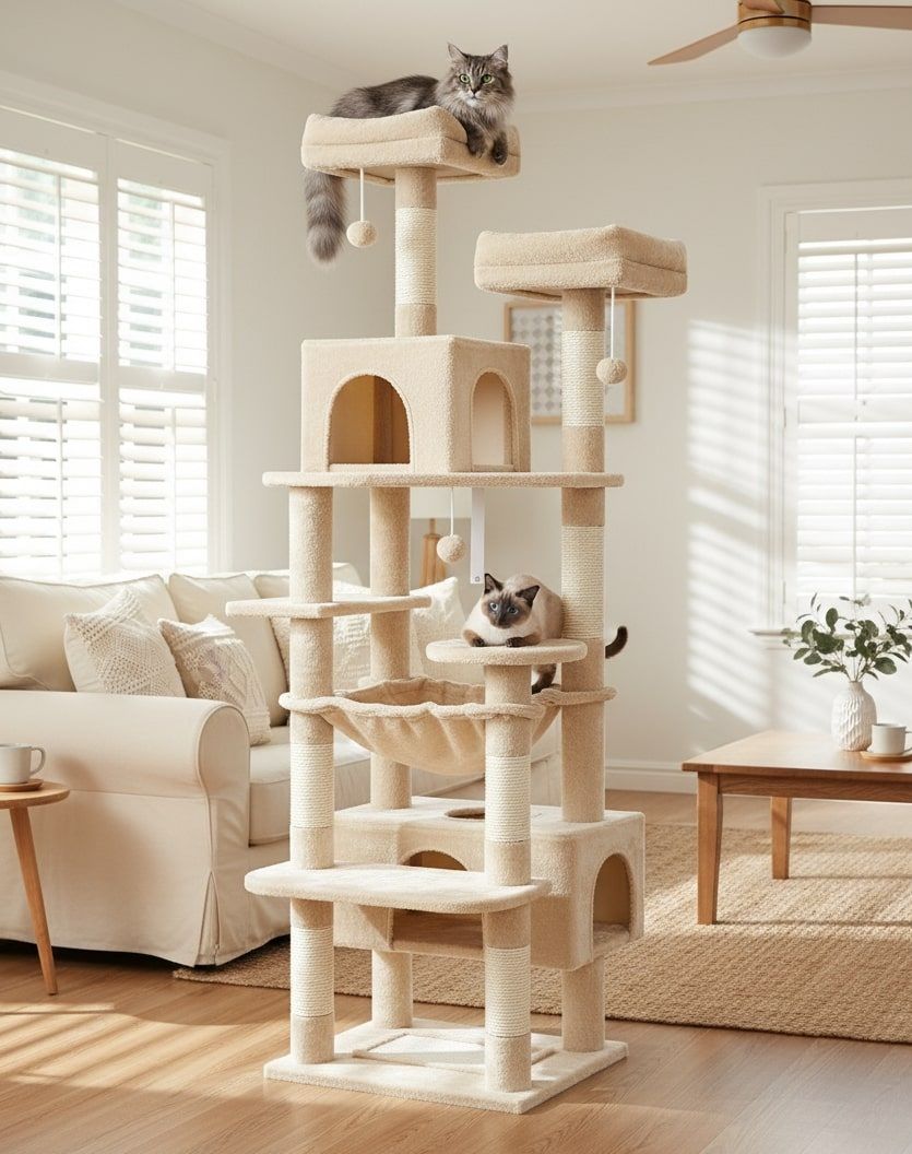 180cm Cat Tree Tower for Indoor Cats with Plush Perches, Dual Condos, Natural Sisal Scratching Posts & Ramps for Kittens & Adult Cats (Beige)-2050057518767542273