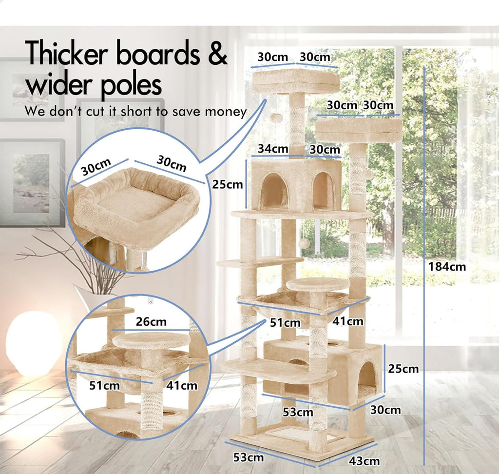 180cm Cat Tree Tower for Indoor Cats with Plush Perches, Dual Condos, Natural Sisal Scratching Posts & Ramps for Kittens & Adult Cats (Beige)-2050057518767542274