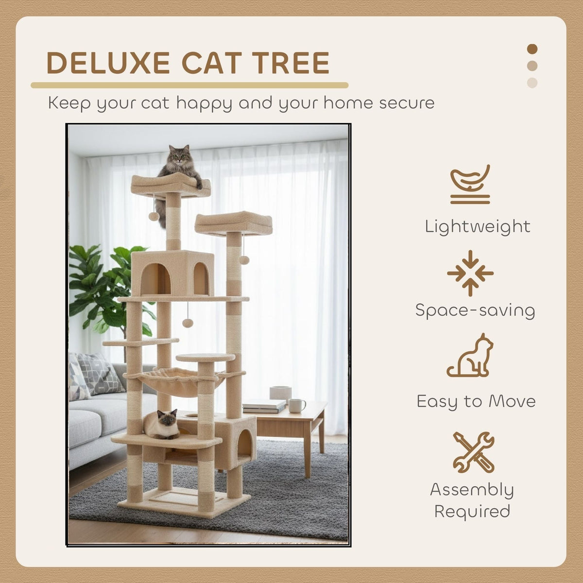 180cm Cat Tree Tower for Indoor Cats with Plush Perches, Dual Condos, Natural Sisal Scratching Posts & Ramps for Kittens & Adult Cats (Beige)-2050057518767542275